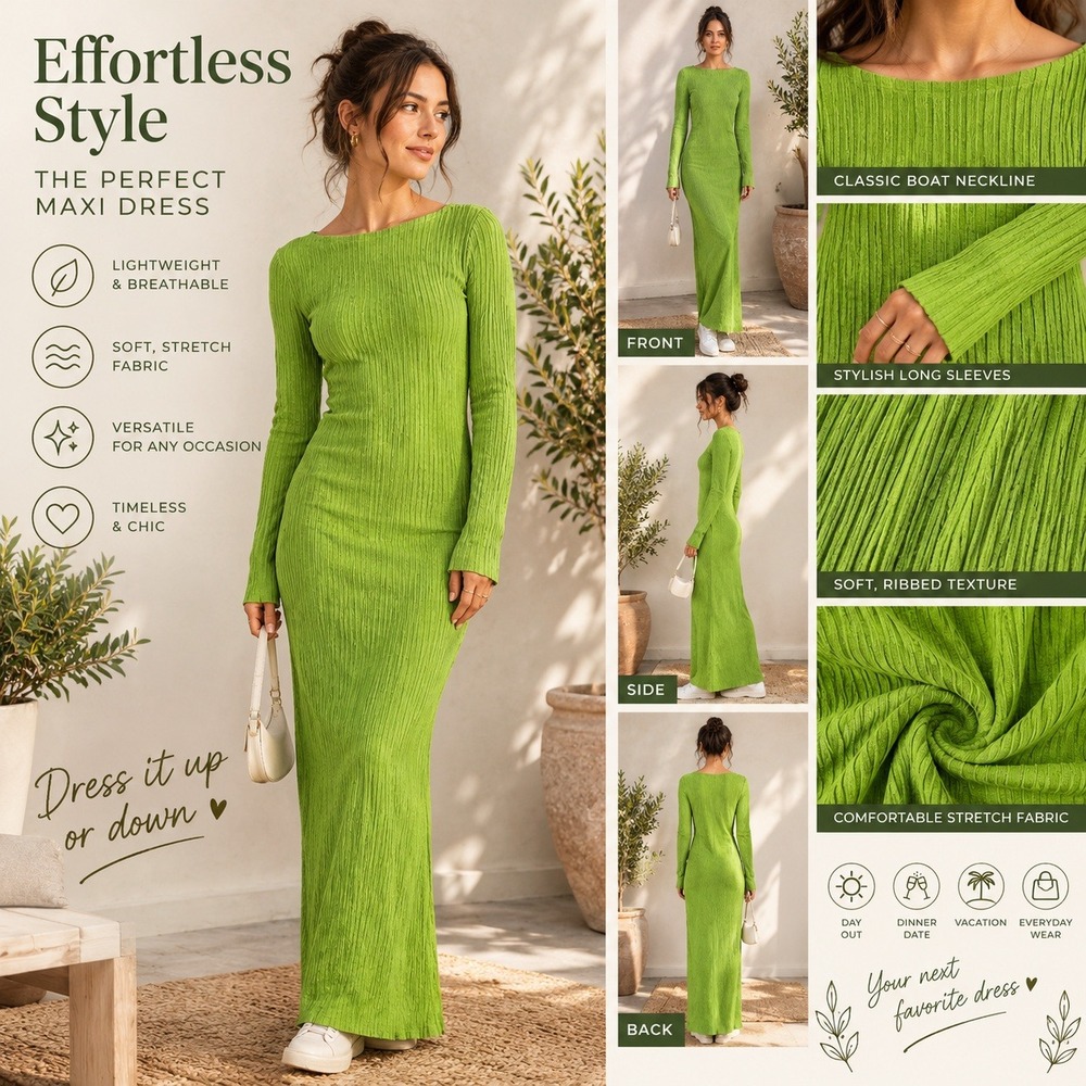 A New Day Lime Green Ribbed Knit V-Neck Maxi Dress Long Sleeve Size XS